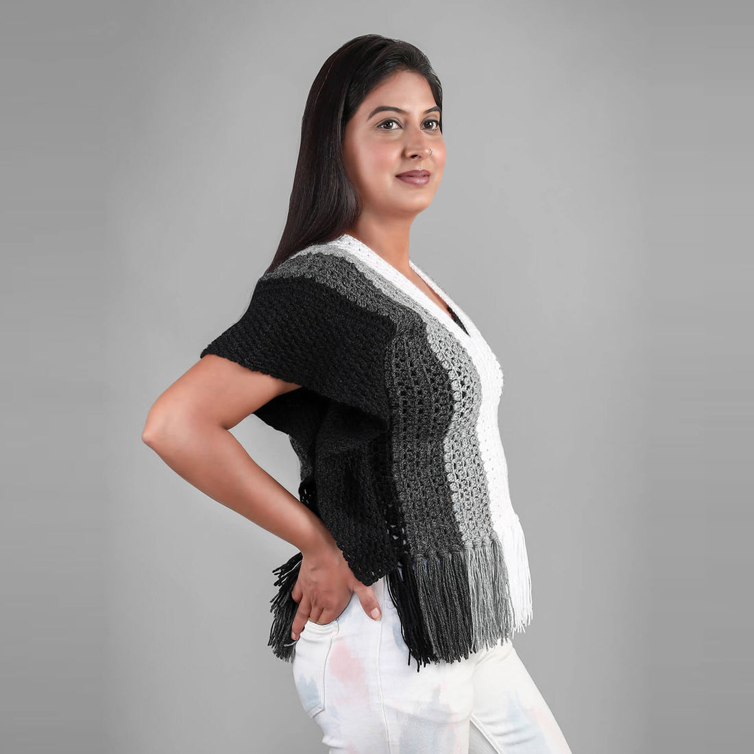 Black and White Woolen Top - 3273