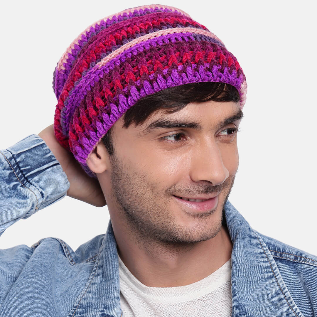 Handmade Self design Crochet Beanie - 3341