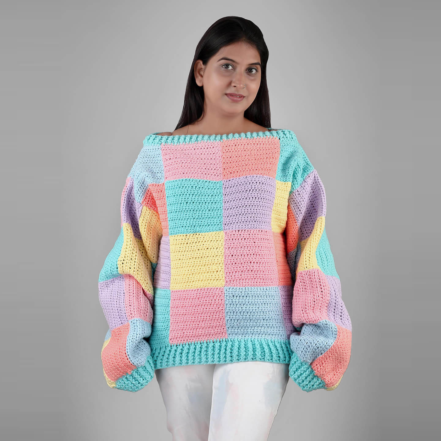 Crochet Pastel Checks Pullover - 3323