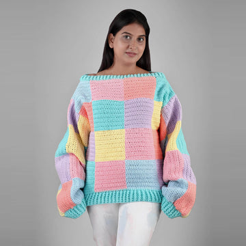 Crochet Pastel Checks Pullover - 3323