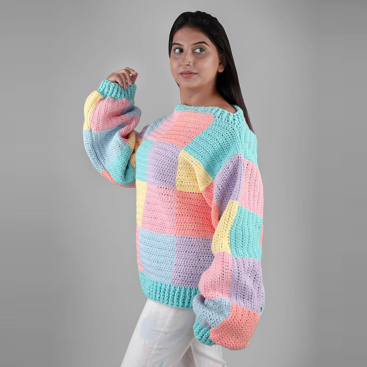 Crochet Pastel Checks Pullover - 3323