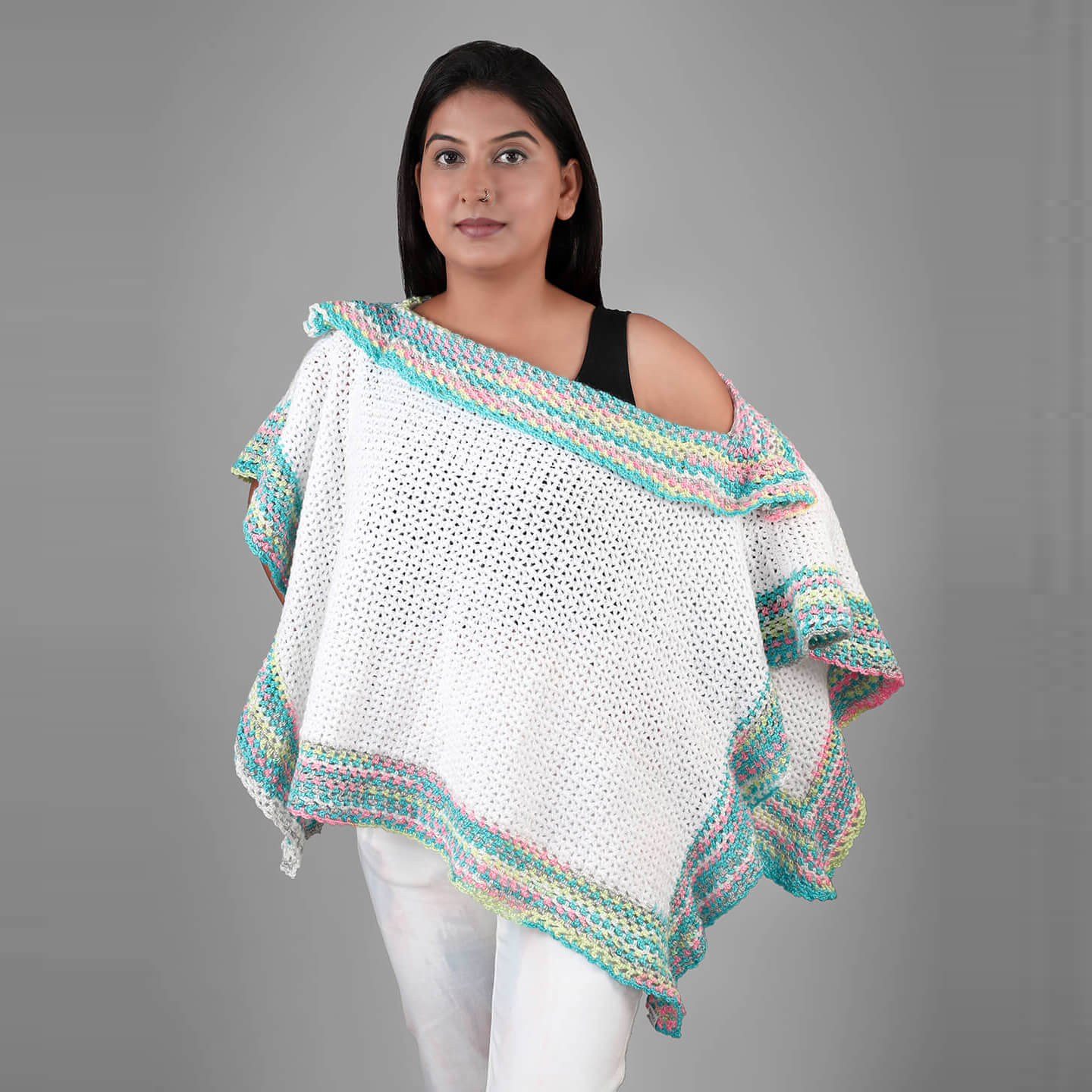 Handmade White and Pastel Colored Multi way Poncho - 3325