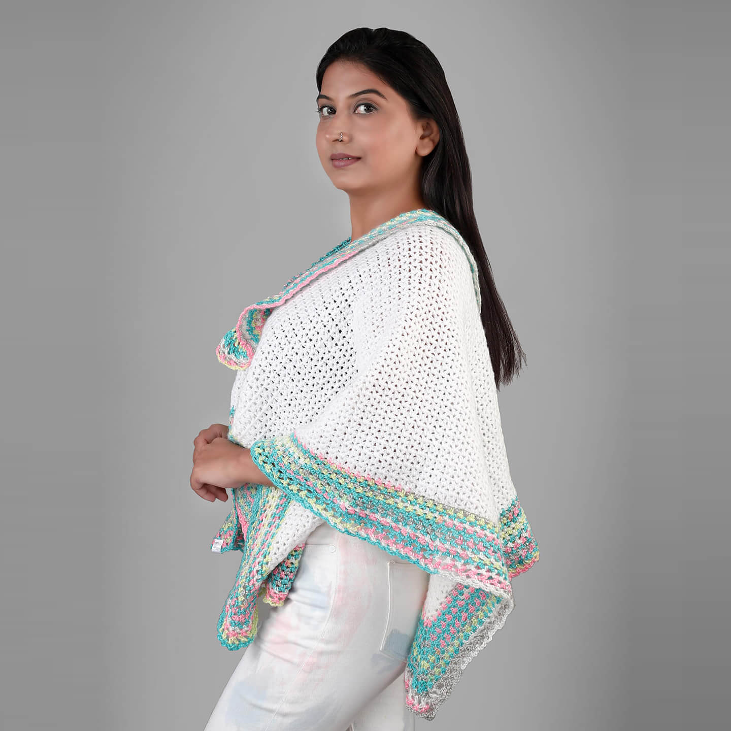Handmade White and Pastel Colored Multi way Poncho - 3325