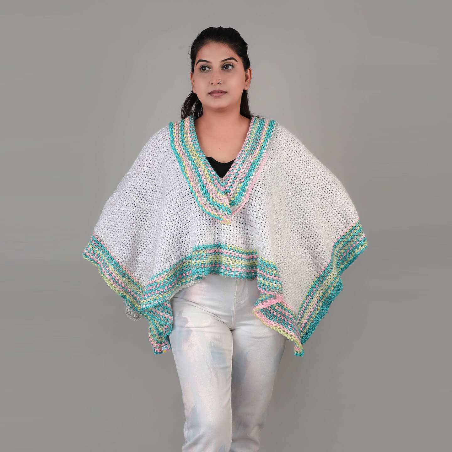 Handmade White and Pastel Colored Multi way Poncho - 3325