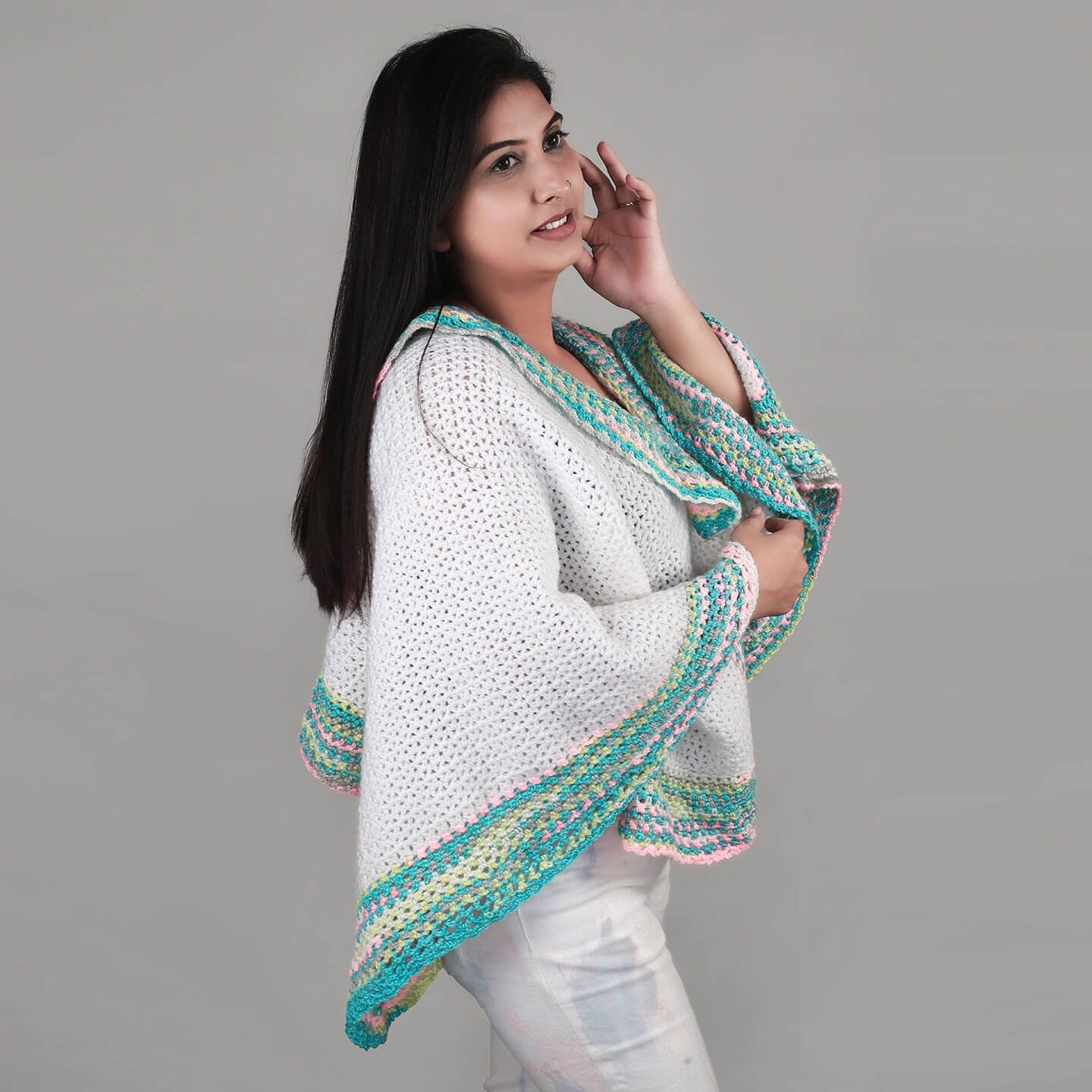 Handmade White and Pastel Colored Multi way Poncho - 3325