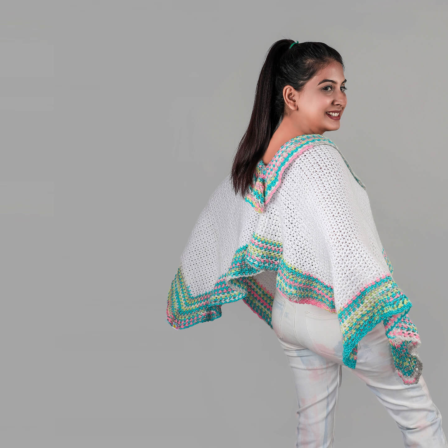 Handmade White and Pastel Colored Multi way Poncho - 3325