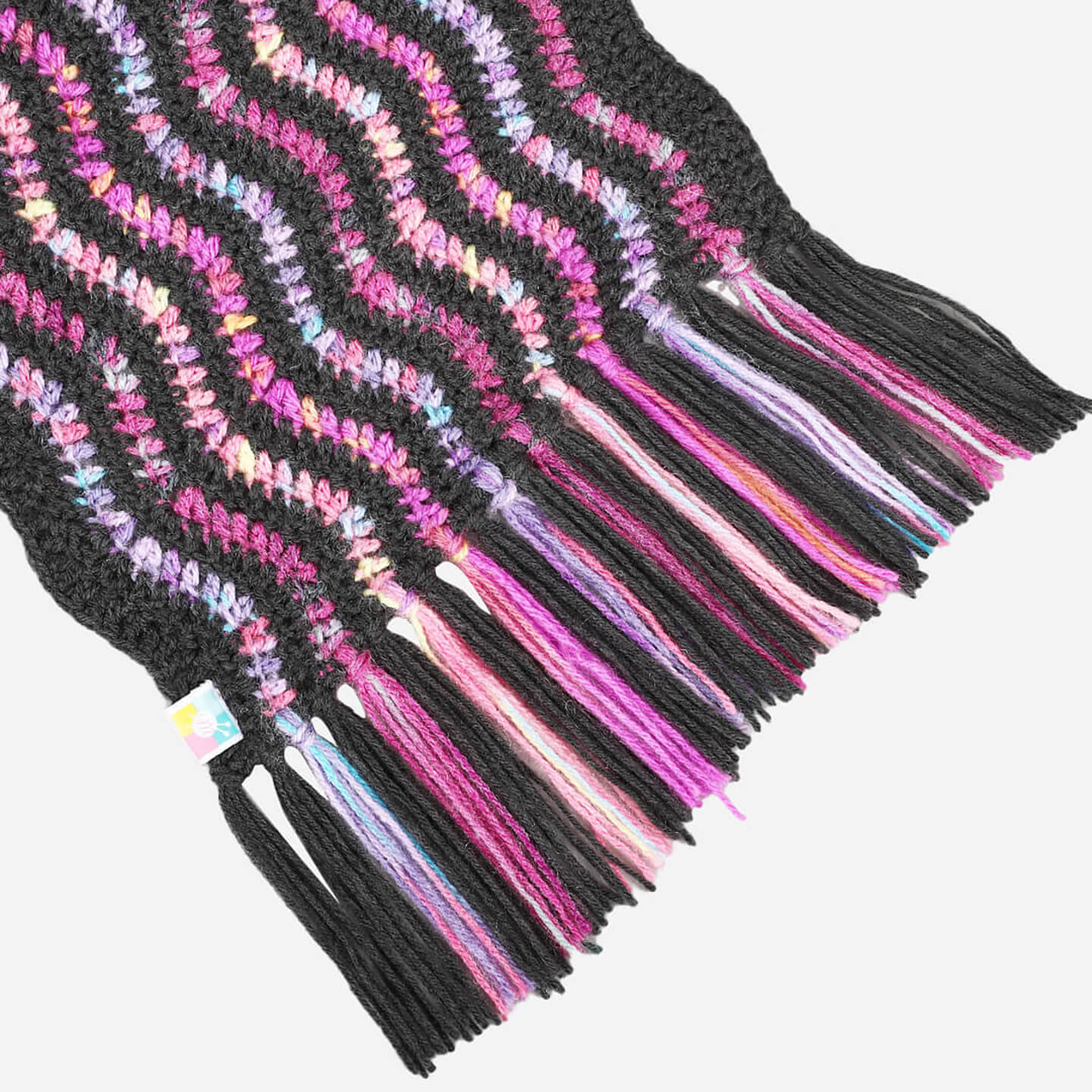 Black and Multi Zigzag Scarf with tassles - 3331
