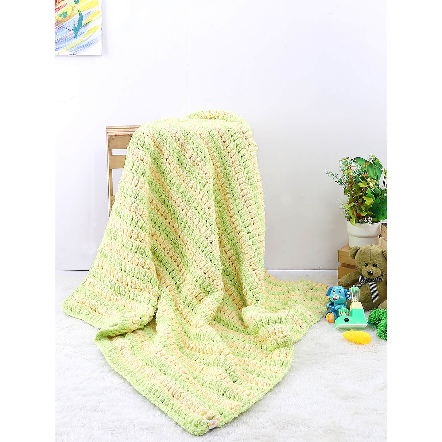 Soft Chenille Striped Baby Blanket - Yellow, Green, White 2611