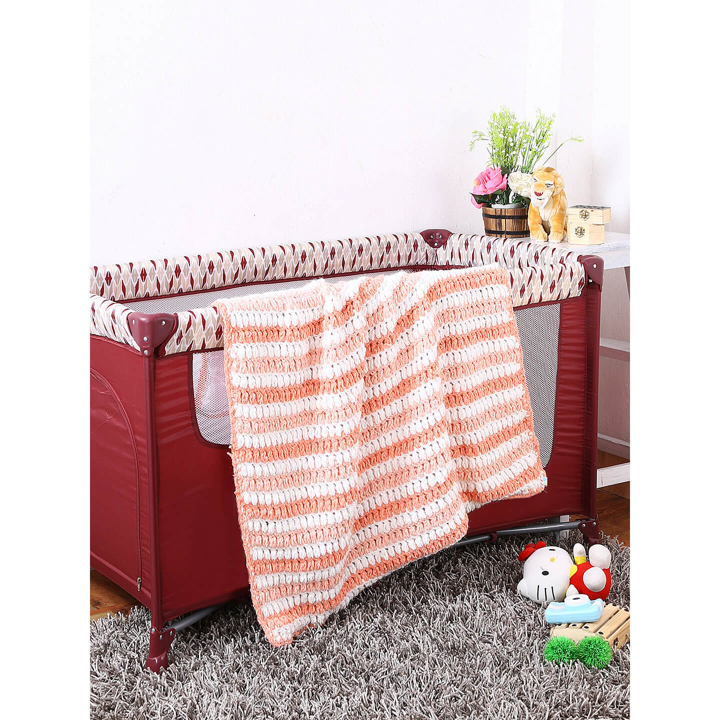 Soft Chenille Striped Baby Blanket - Peach, Peach, White 2613