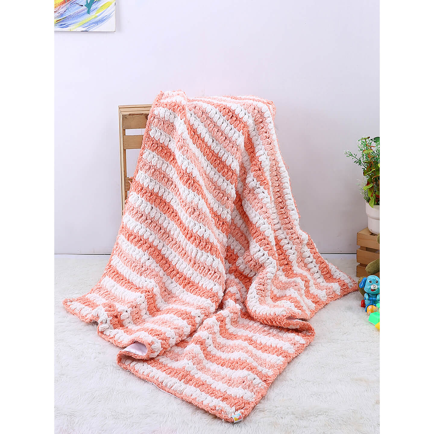 Soft Chenille Striped Baby Blanket - Peach, Peach, White 2613