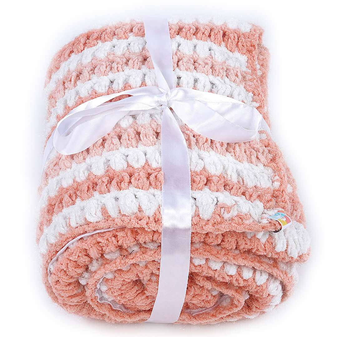 Soft Chenille Striped Baby Blanket - Peach, Peach, White 2613