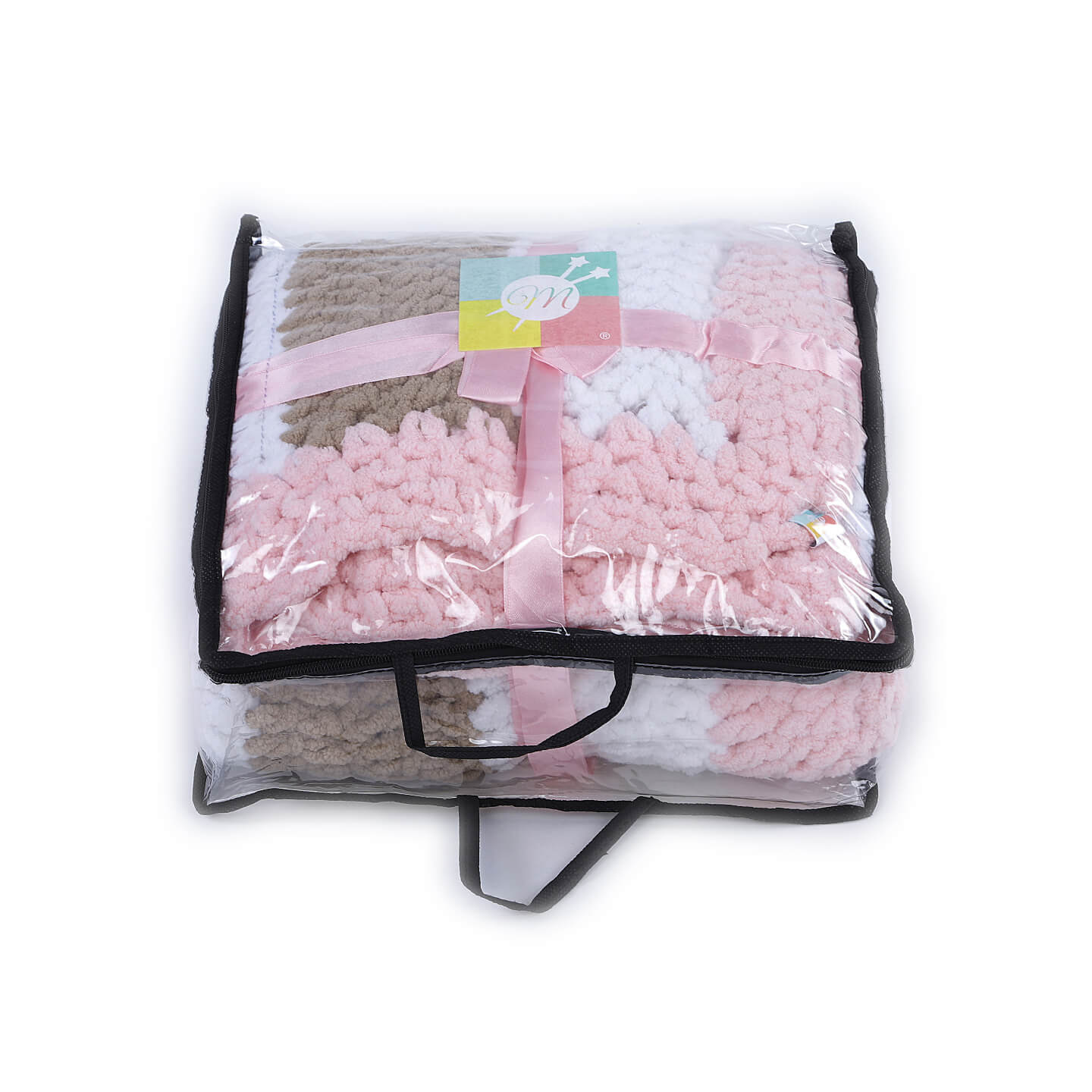 Soft Chenille Striped Baby Blanket - Pink, White, Brown 2696