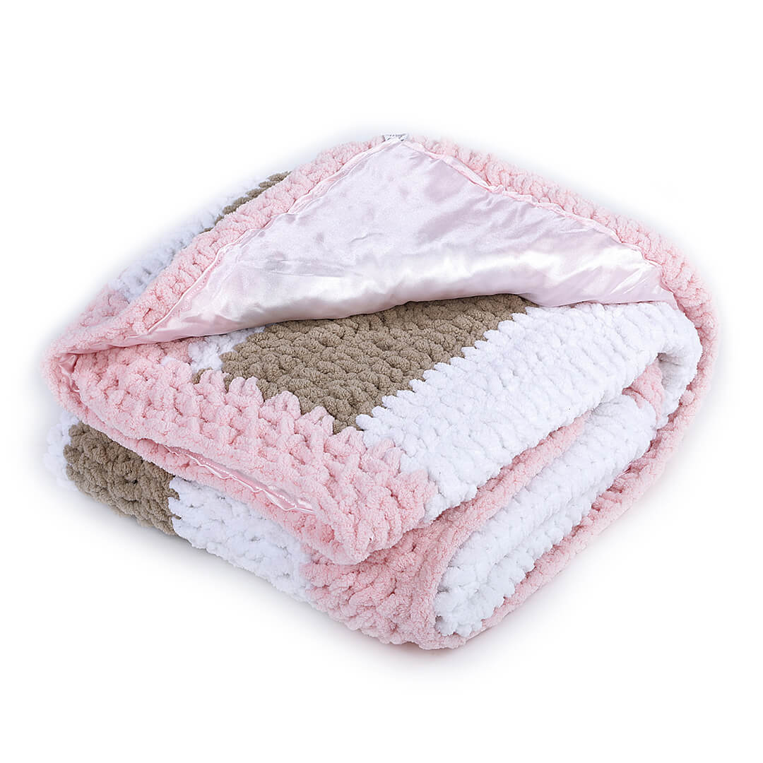 Soft Chenille Striped Baby Blanket - Pink, White, Brown 2696