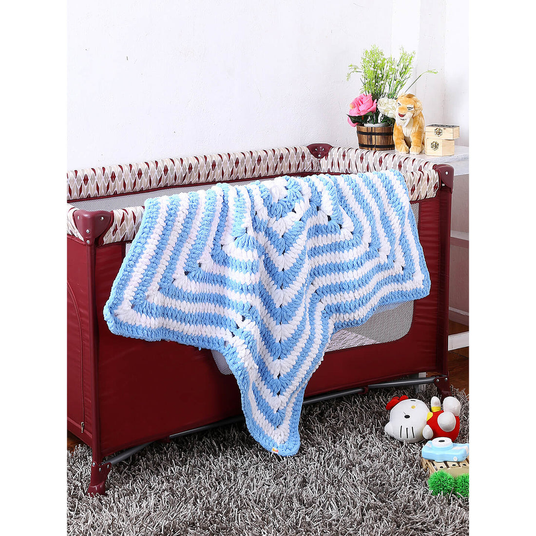 Soft Chenille Blue Star Baby Blanket - Blue, White 2731