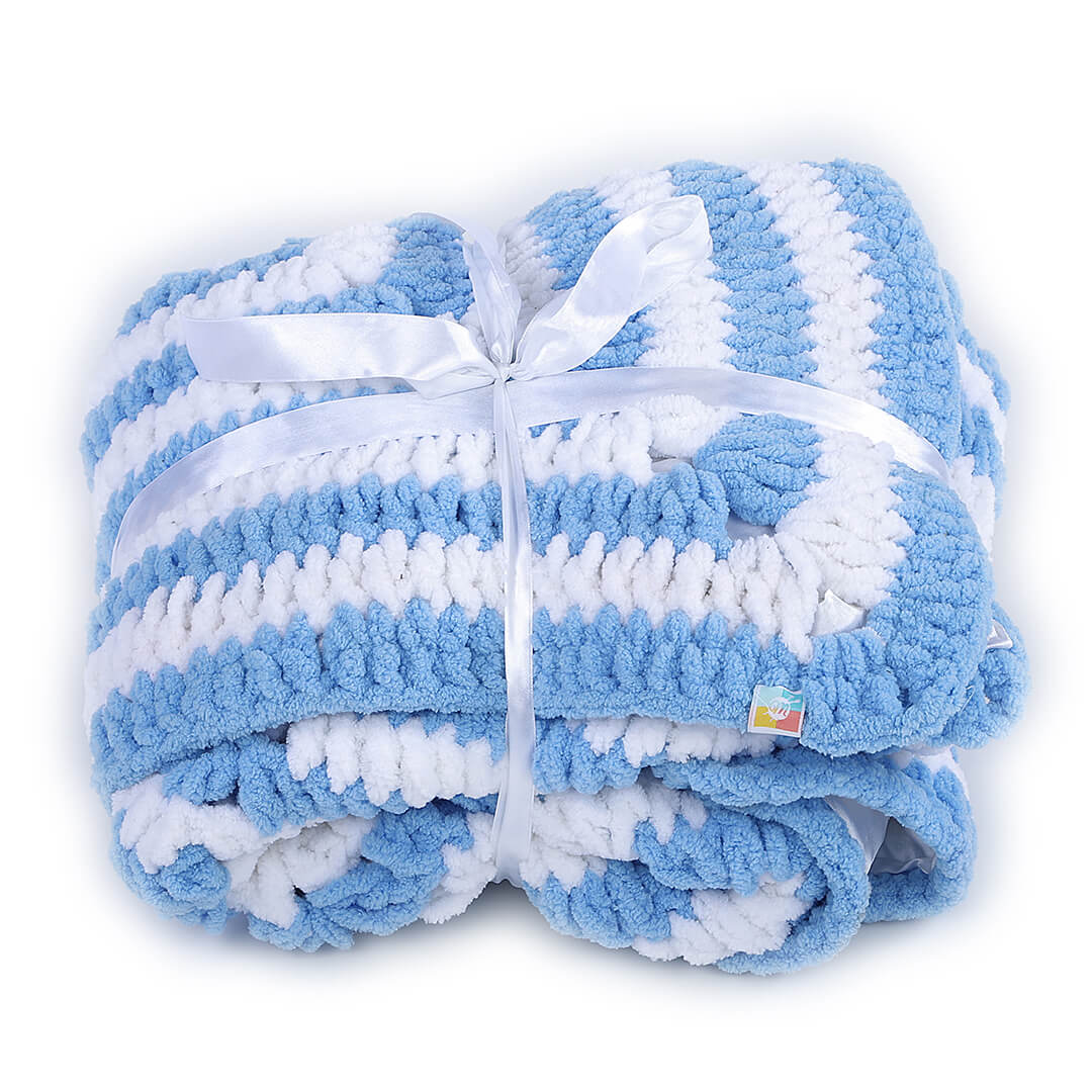 Soft Chenille Blue Star Baby Blanket - Blue, White 2731