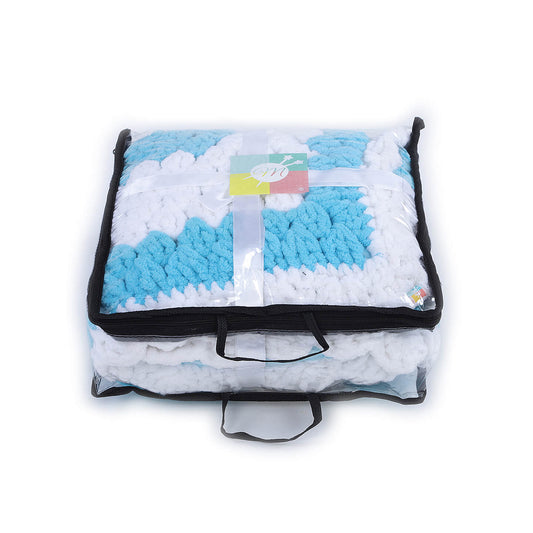 Soft Chenille Granny Square Baby Blanket - Blue, White 2732
