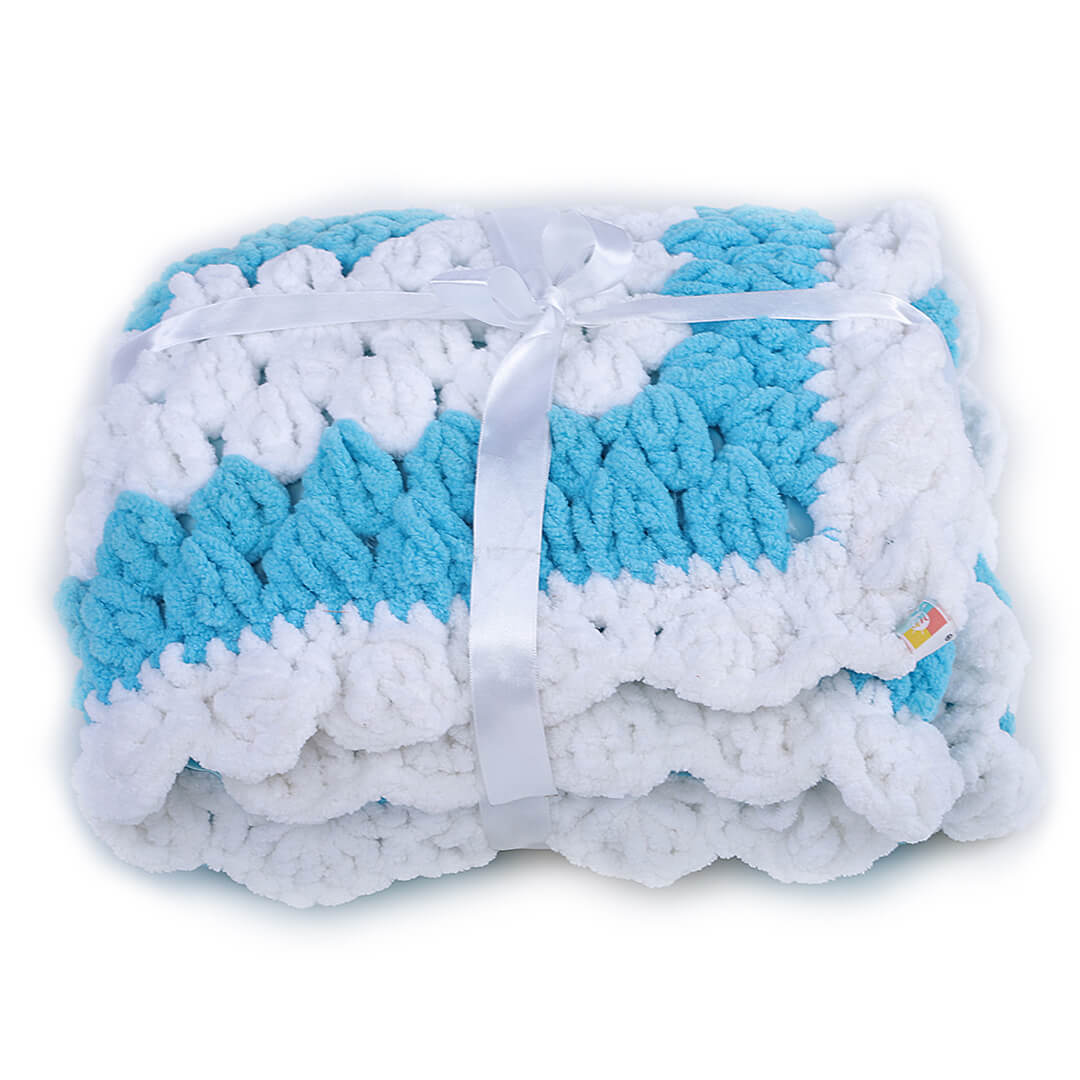 Soft Chenille Granny Square Baby Blanket - Blue, White 2732
