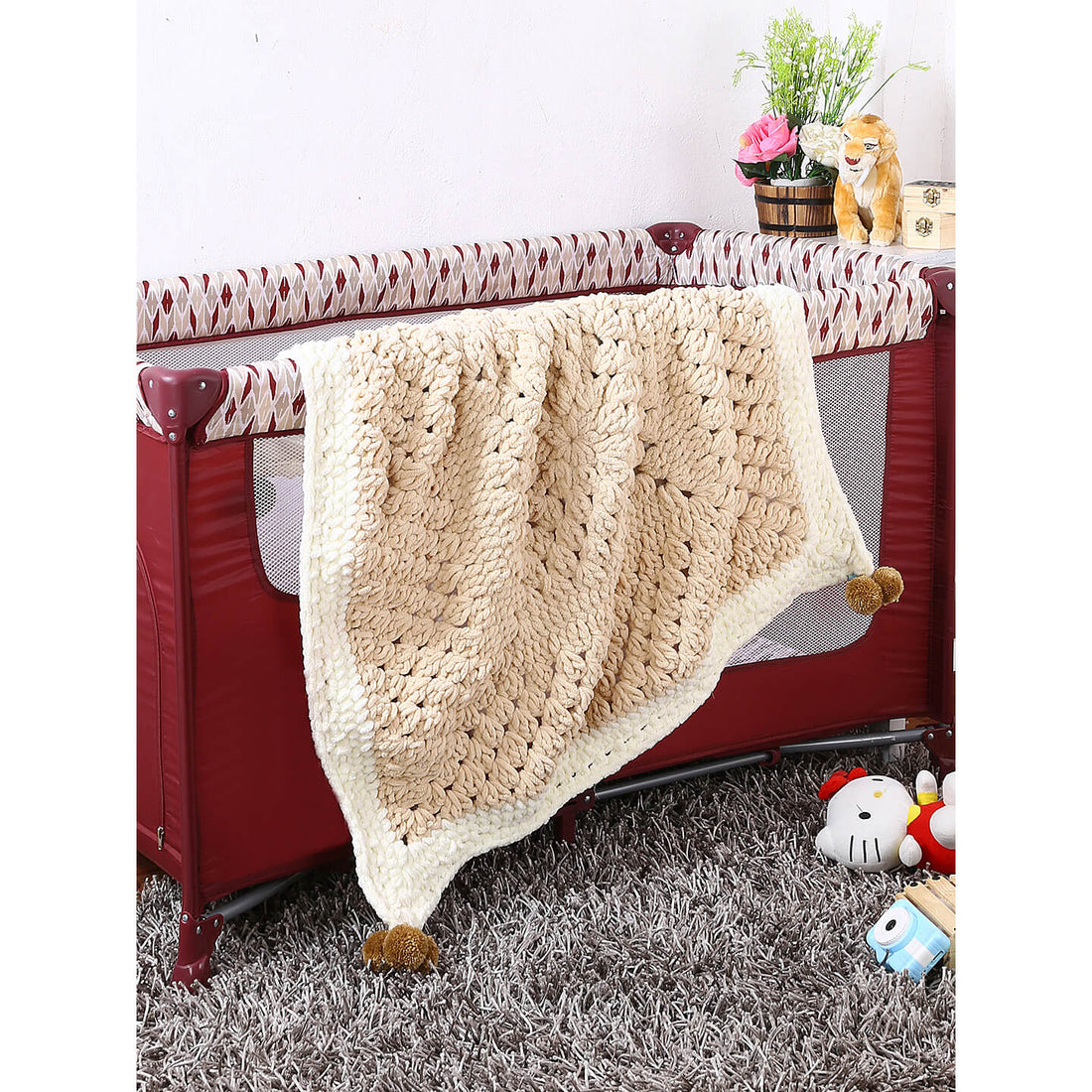 Soft Chenille Granny Square Baby Blanket - Beige, Cream 2735