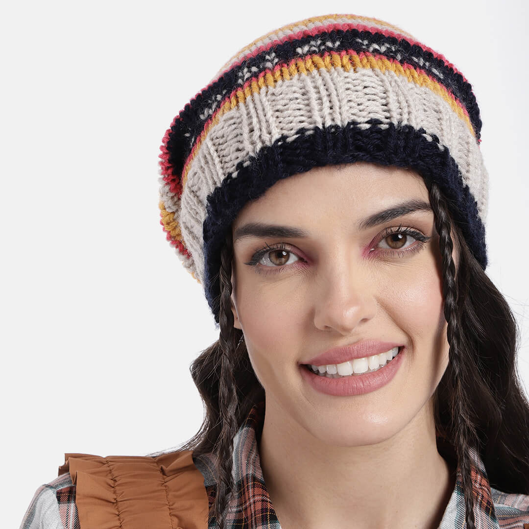 Beige Orange Striped Beanie - 2551