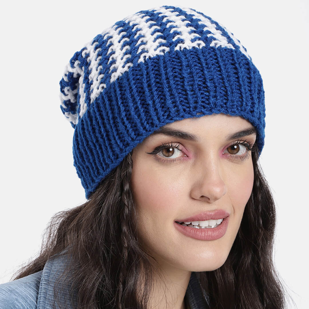 Blue White Self-Design Beanie - 2768