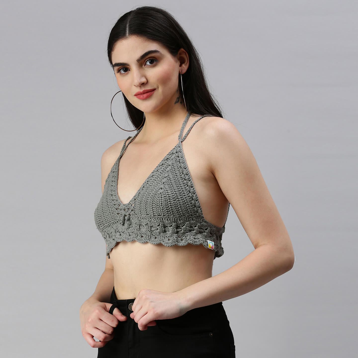 Cotton Bralette Tie Back Top - Grey 3109