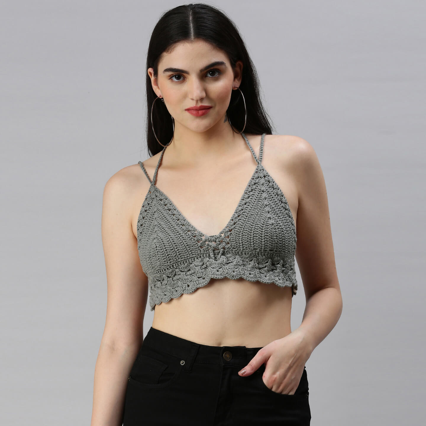 Cotton Bralette Tie Back Top - Grey 3109