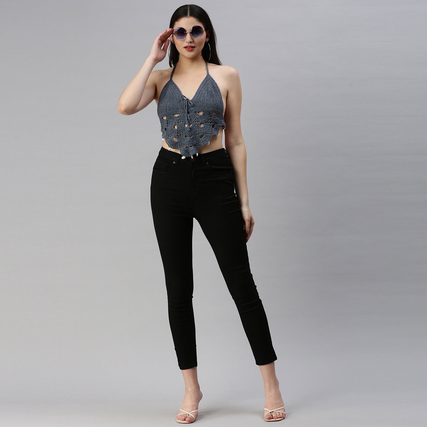 Cotton Bralette Tie Back Top - Greyish Blue 3119