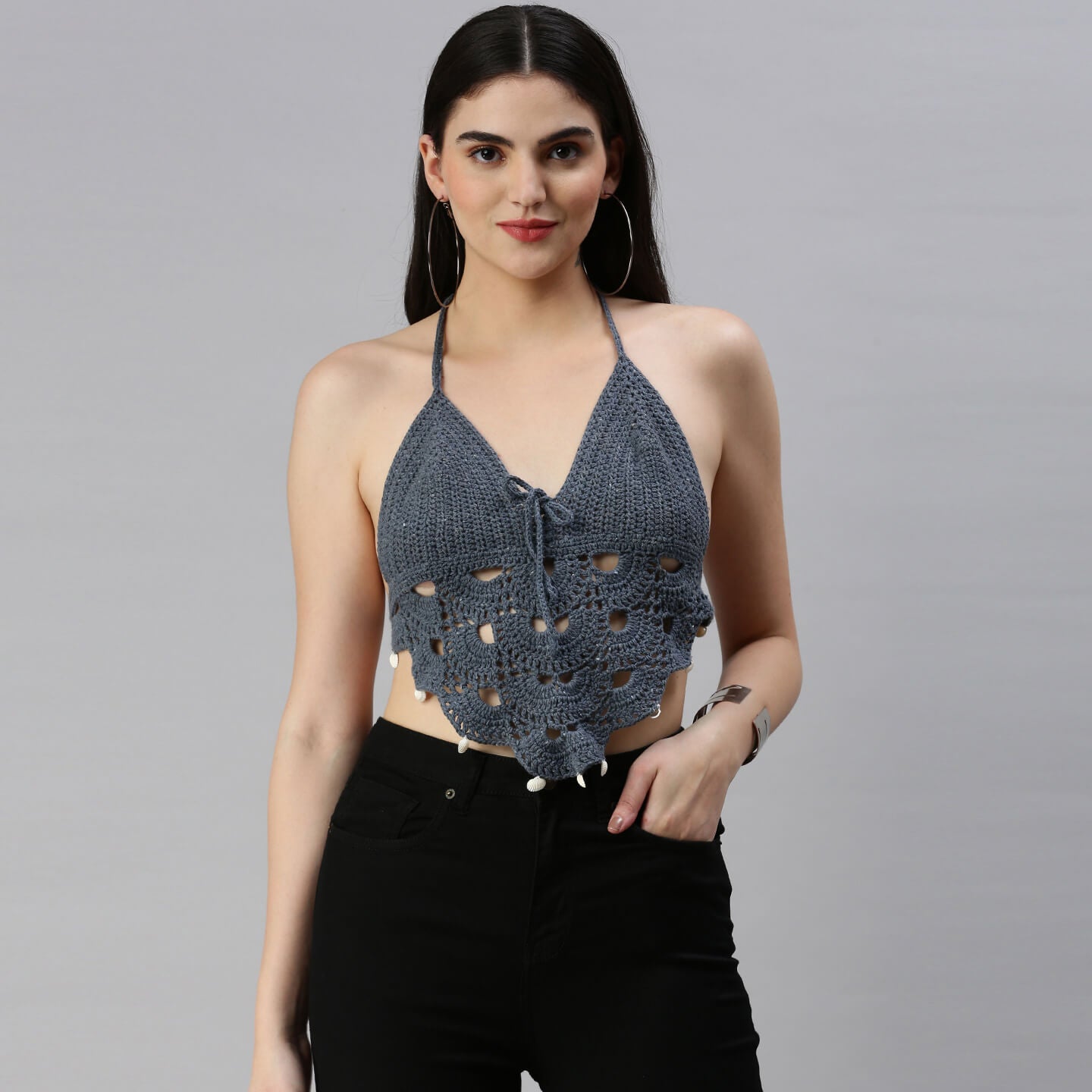 Cotton Bralette Tie Back Top - Greyish Blue 3119