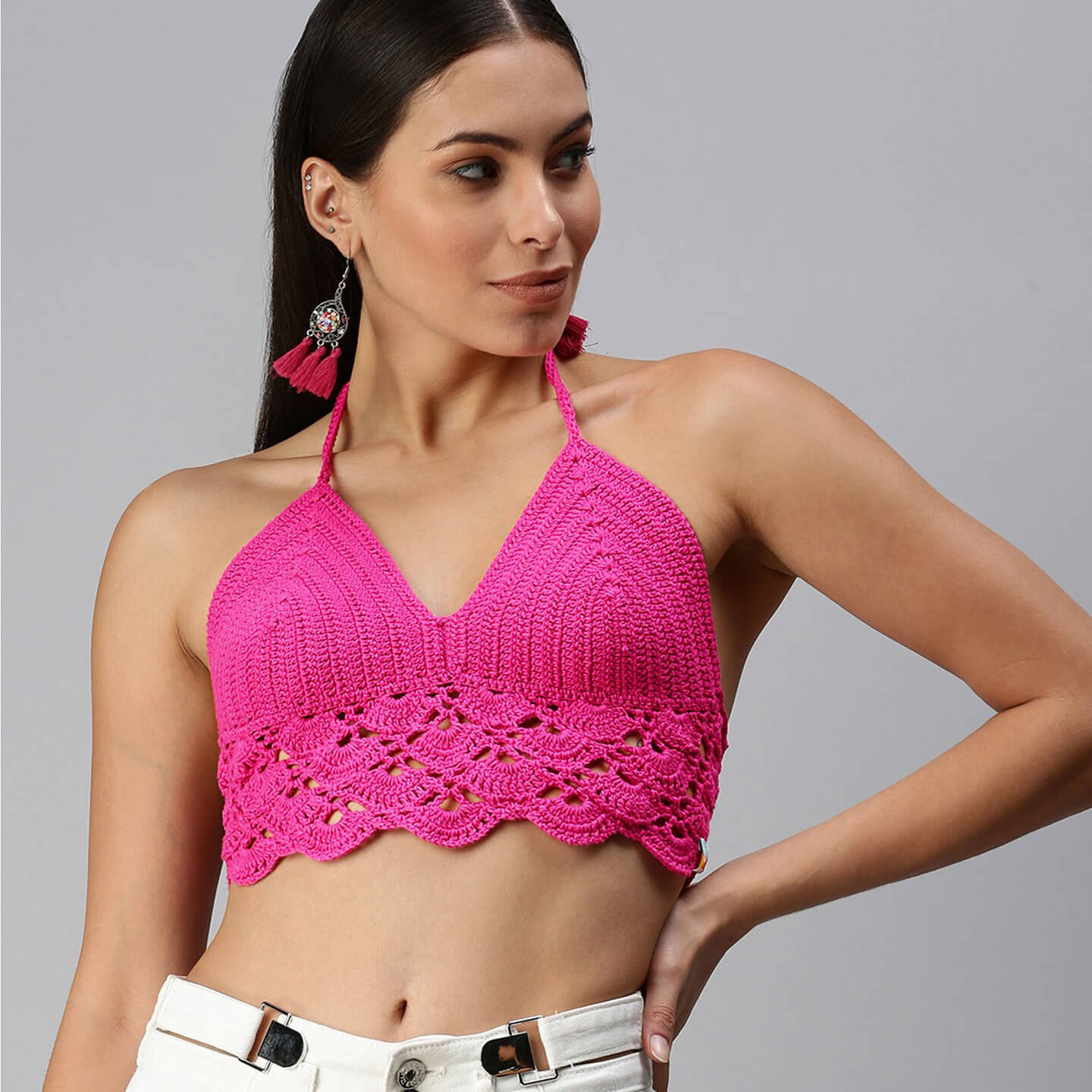 Cotton Halter Neck Bralette Crop Top - Pink 2948