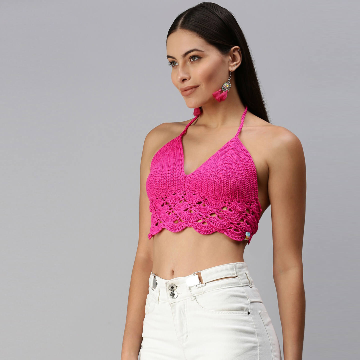 Cotton Halter Neck Bralette Crop Top - Pink 2948