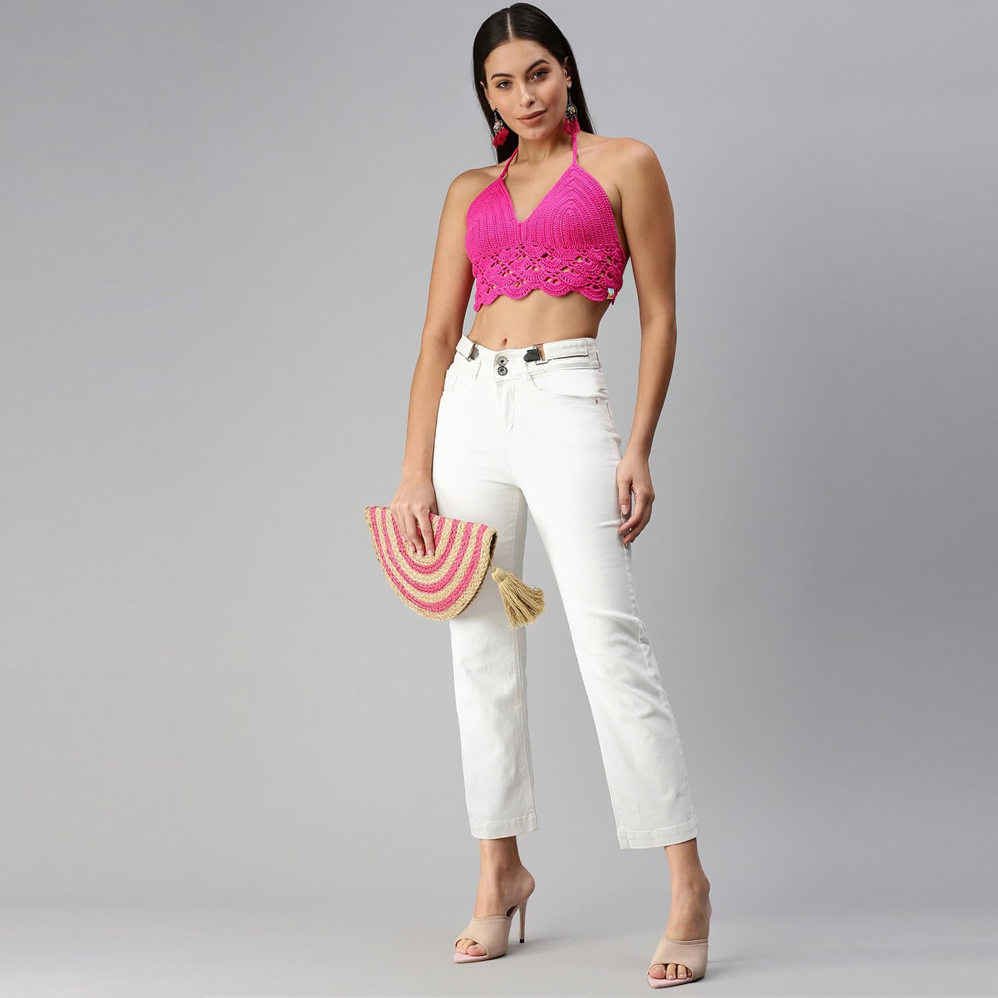 Cotton Halter Neck Bralette Crop Top - Pink 2948