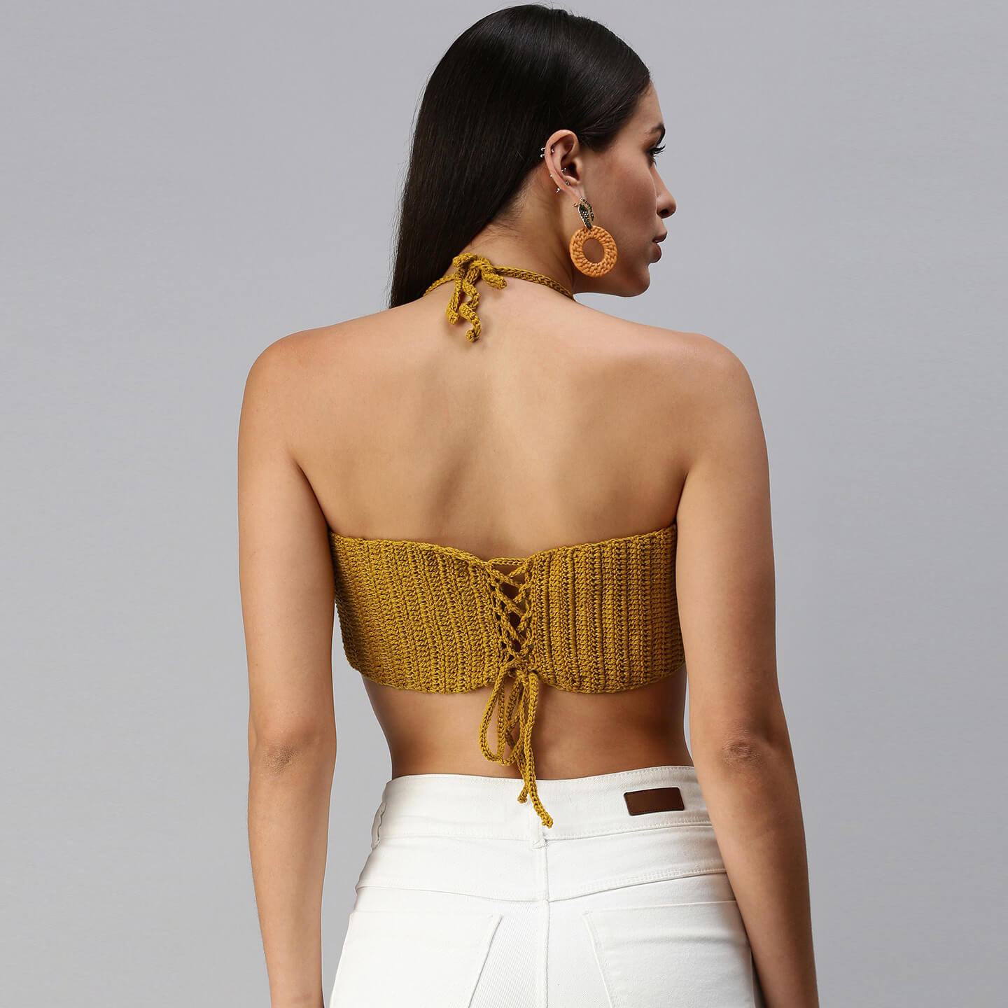 Cotton Halter Neck Bralette Crop Top - Brown & Olive Green 2949