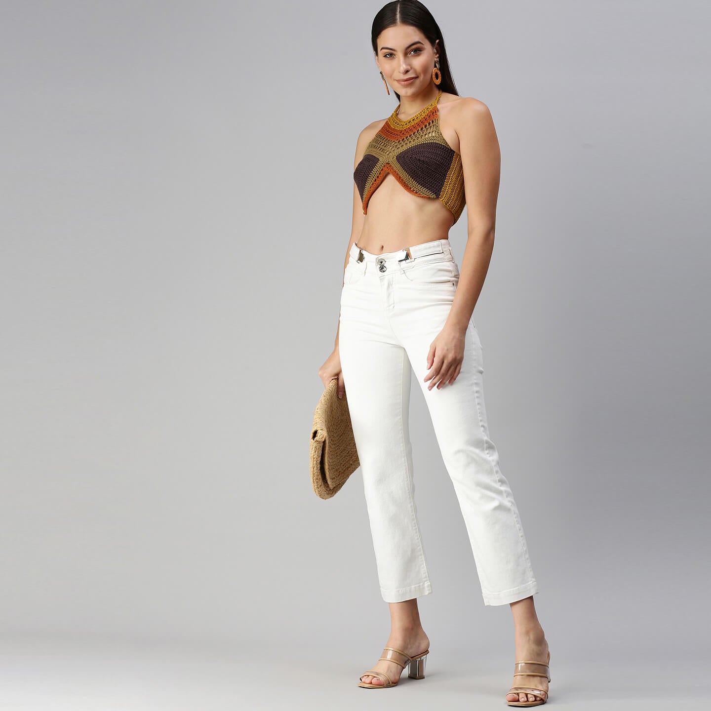 Cotton Halter Neck Bralette Crop Top - Brown & Olive Green 2949