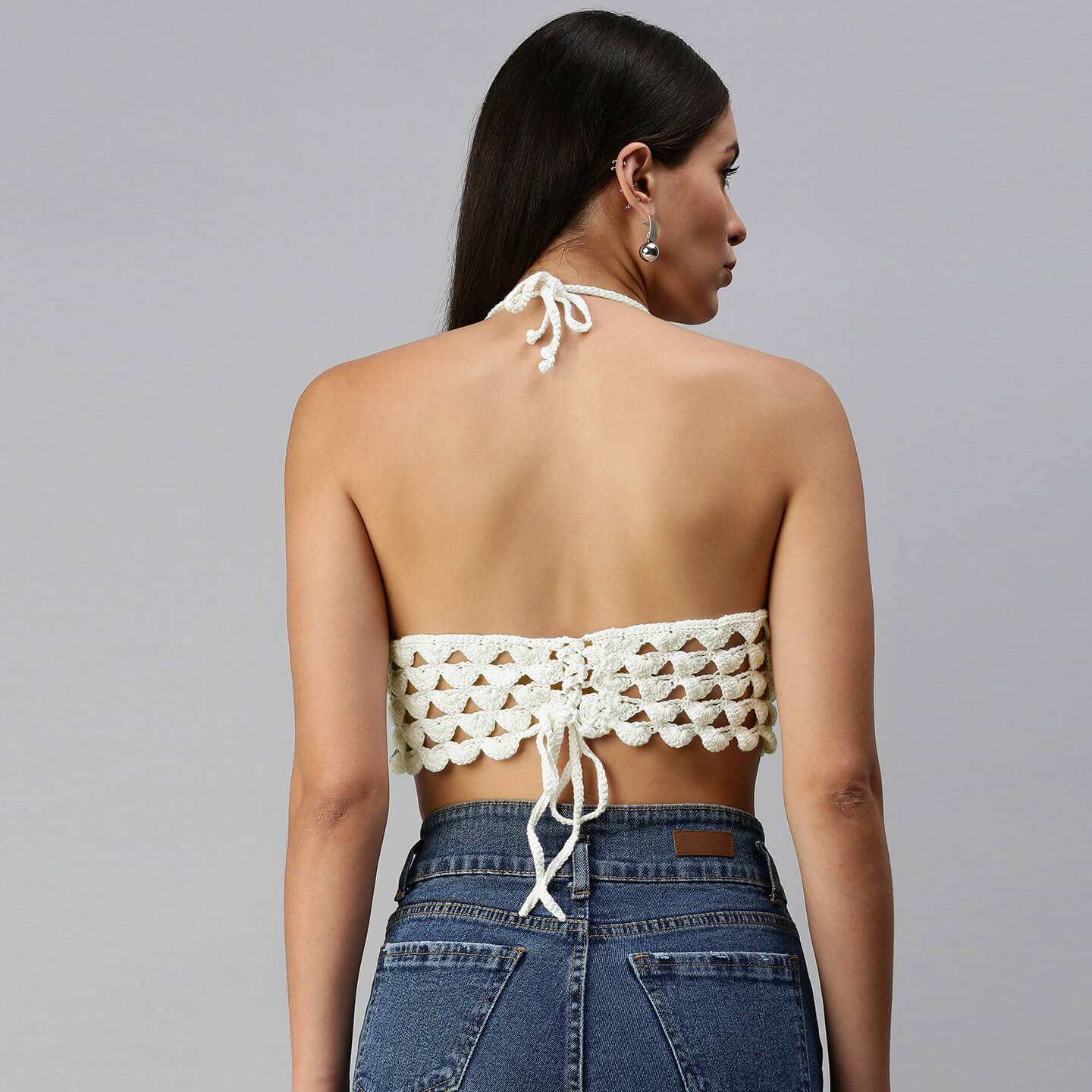 Cotton Halter Neck Bralette Crop Top - White 2950