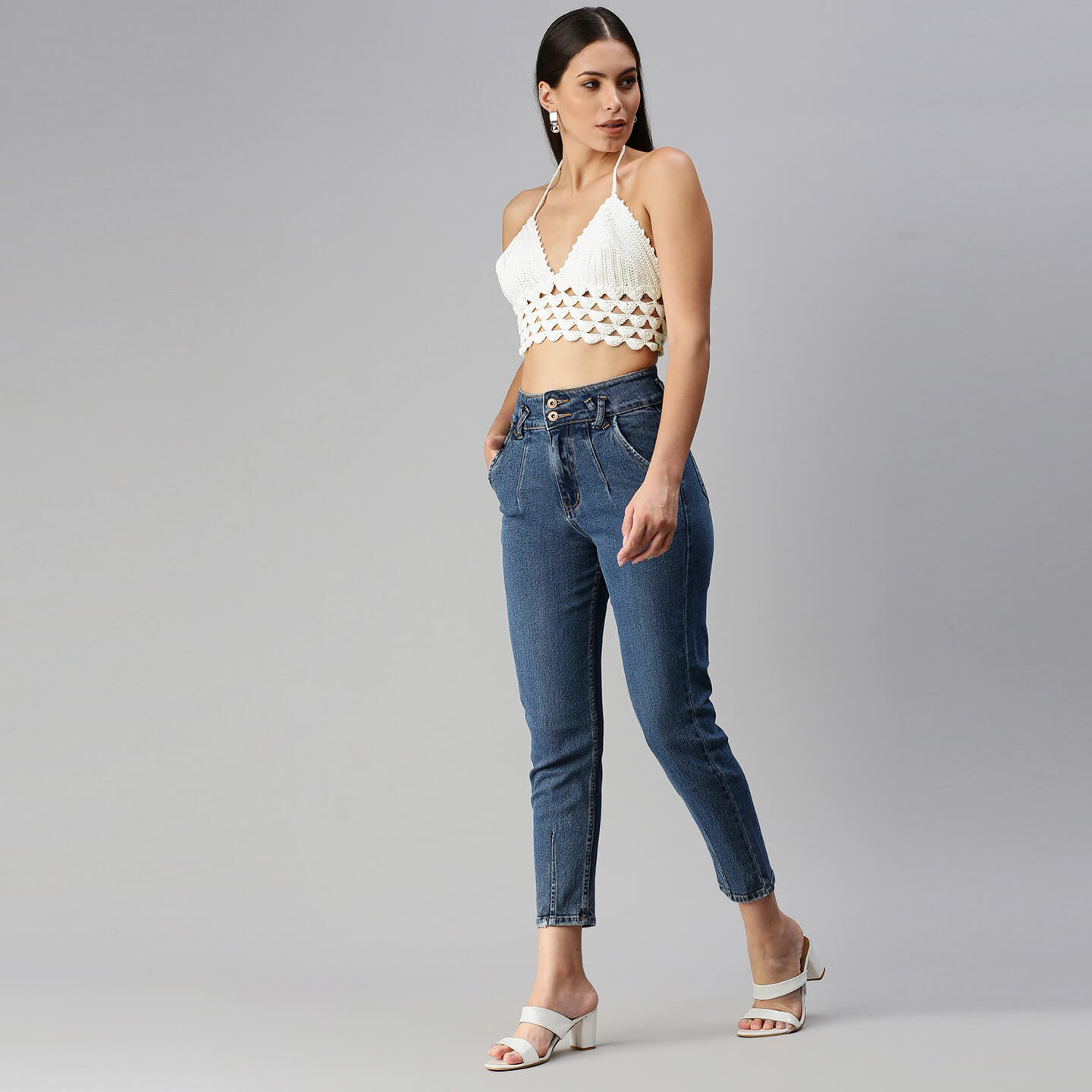 Cotton Halter Neck Bralette Crop Top - White 2950