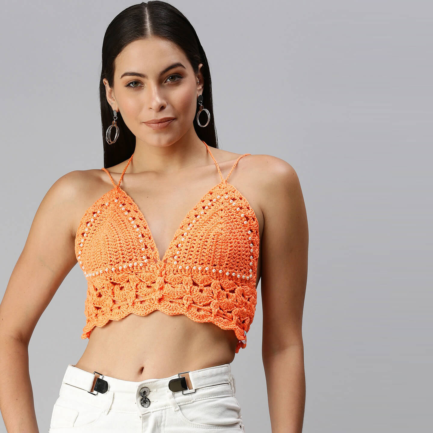 Cotton Halter Neck Bralette Crop Top - Orange 2952