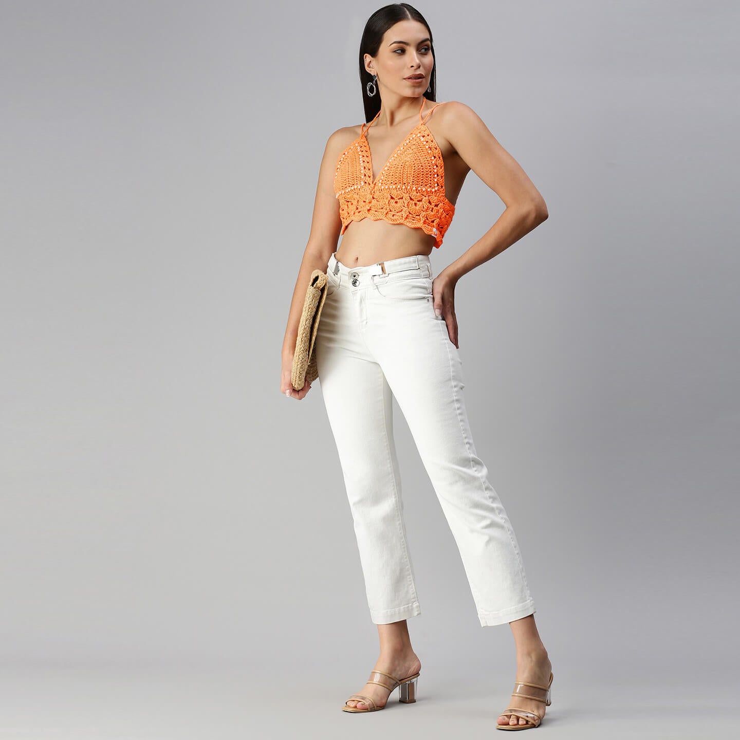 Cotton Halter Neck Bralette Crop Top - Orange 2952