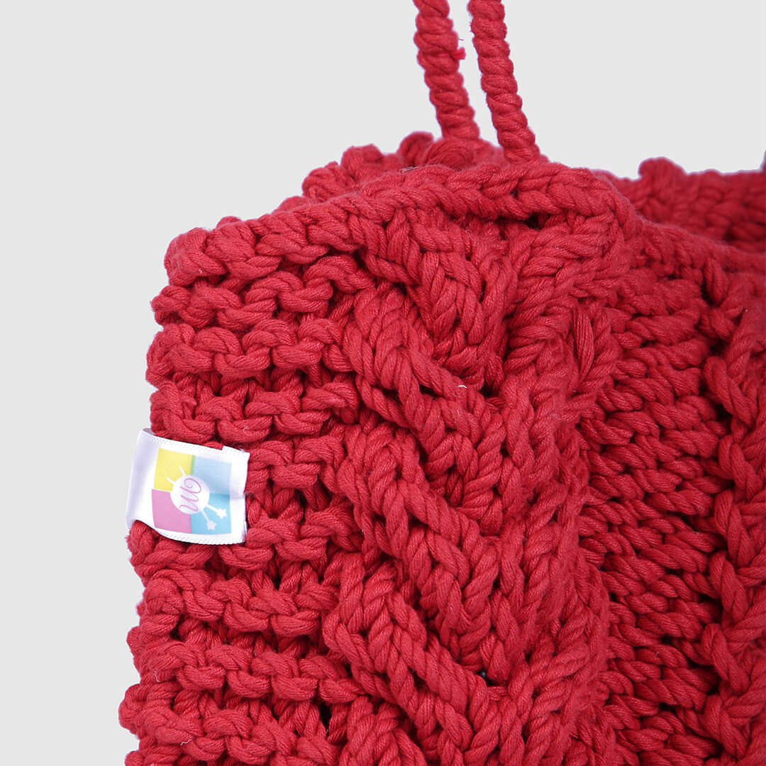 Handmade tote bag/ crochet/ knitted/ red tote/100% wool/blue leather straps/ natural materials/ +gift crochet newest wallet