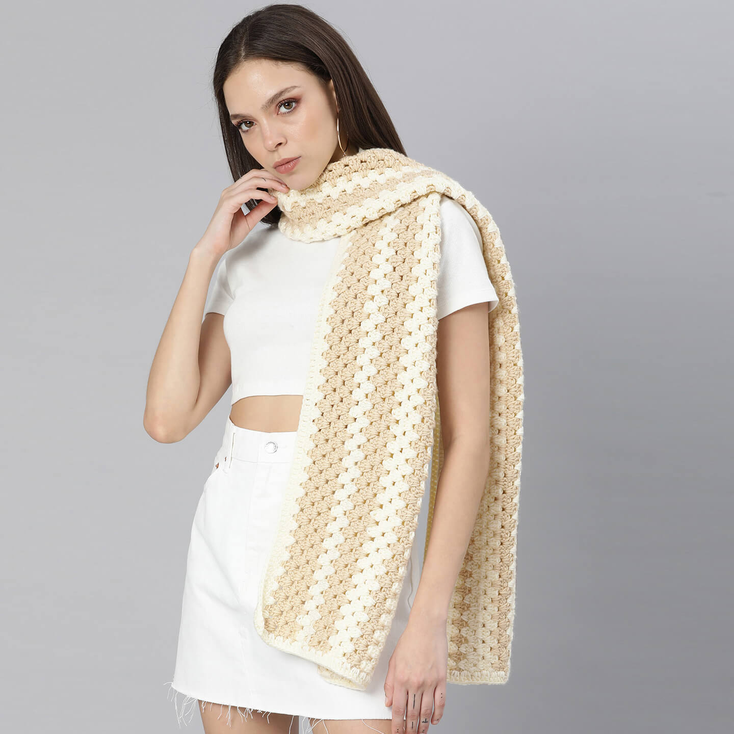 Granny Square Stitch Scarf - Cream Beige 3021