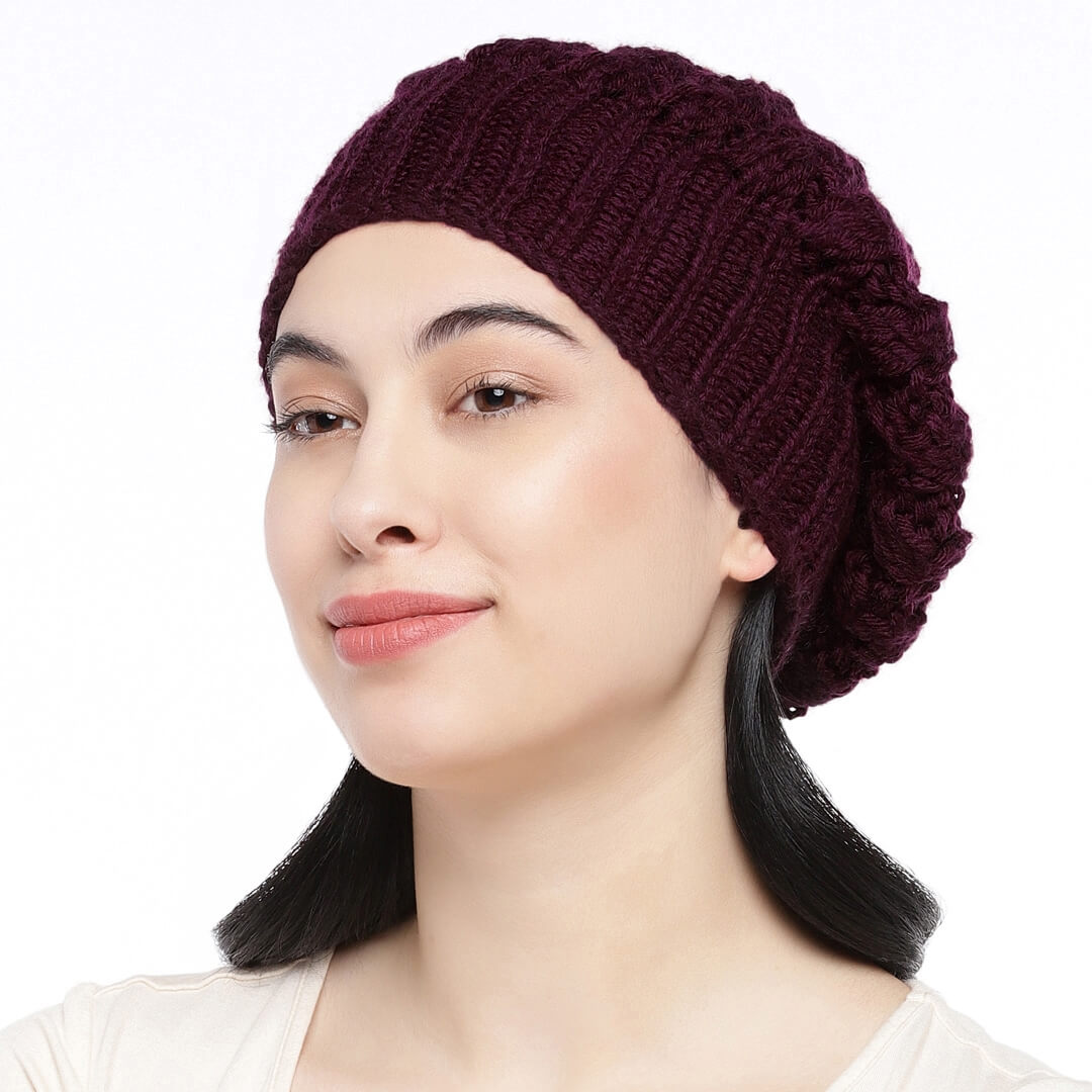 Burgundy Self-Design Beanie - 1001