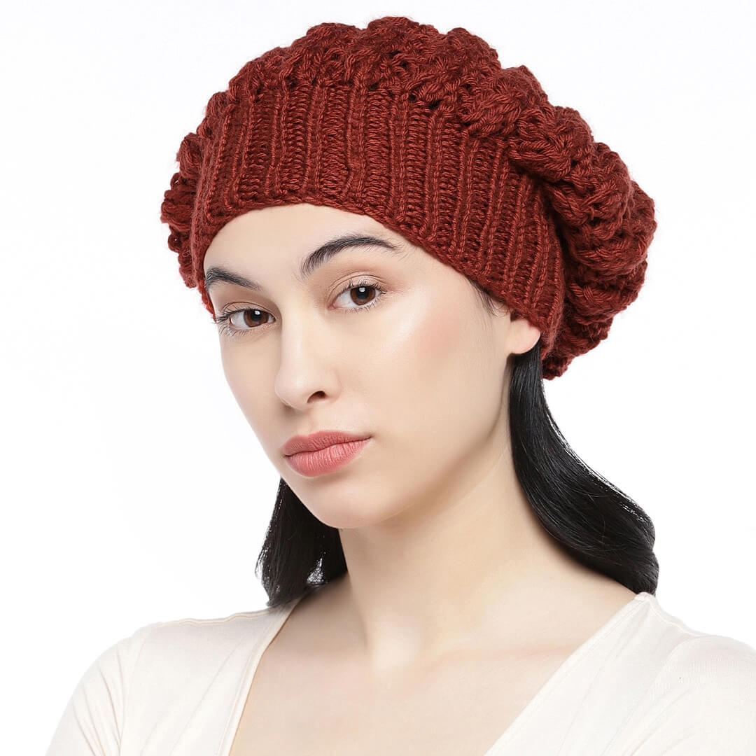 Brick Red Self-Design Beanie - 1002