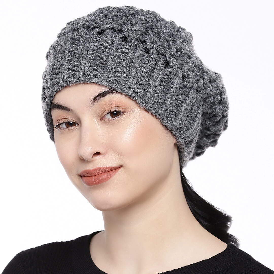 Grey Self-Design Beanie - 130