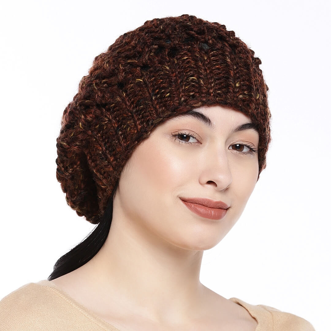 Brown Self-Design Beanie - 134