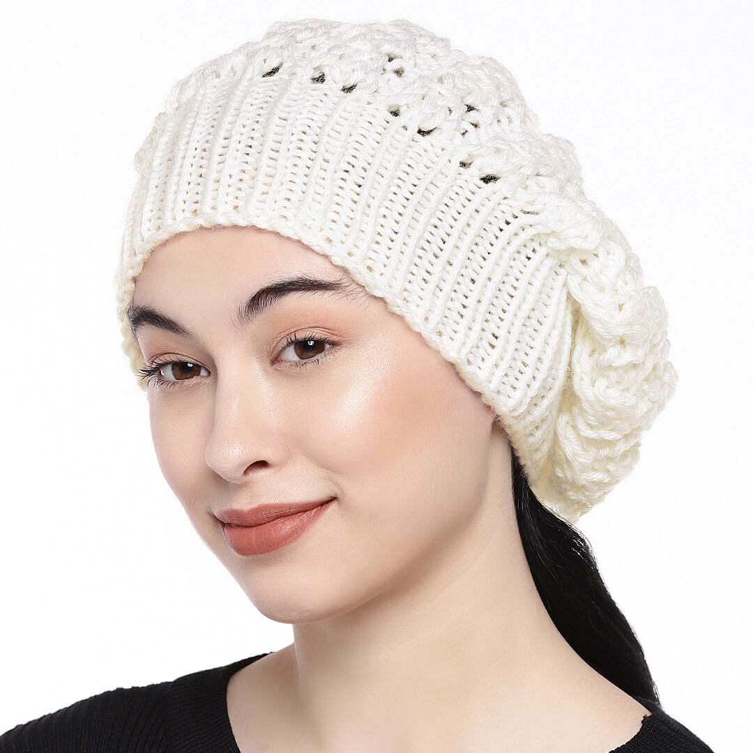White Self-Design Beanie - 268