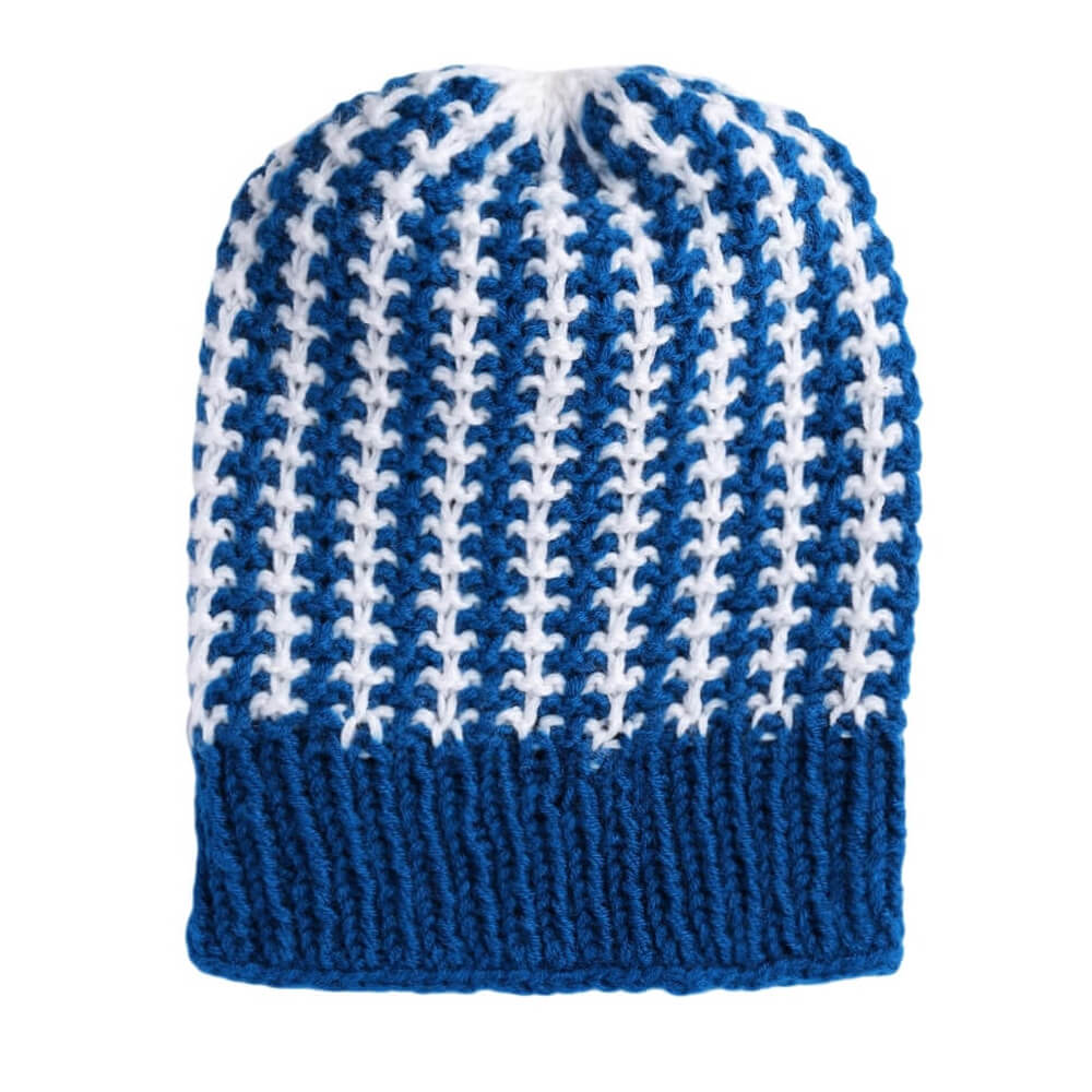 Blue White Self-Design Beanie - 2768