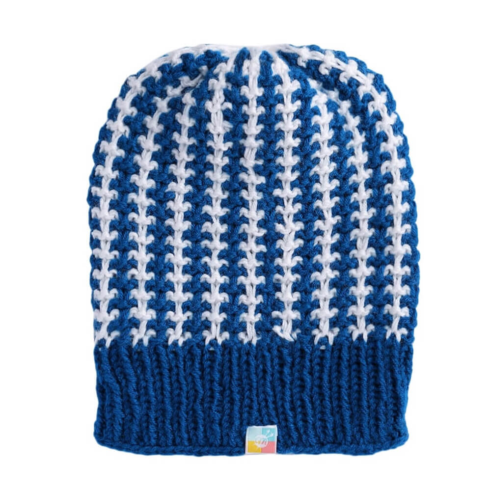 Blue White Self-Design Beanie - 2768