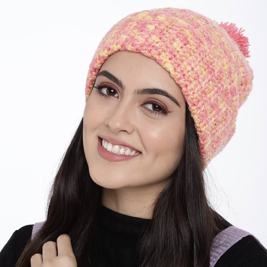 Multi-Color Fold Cap with Pompom - 2892