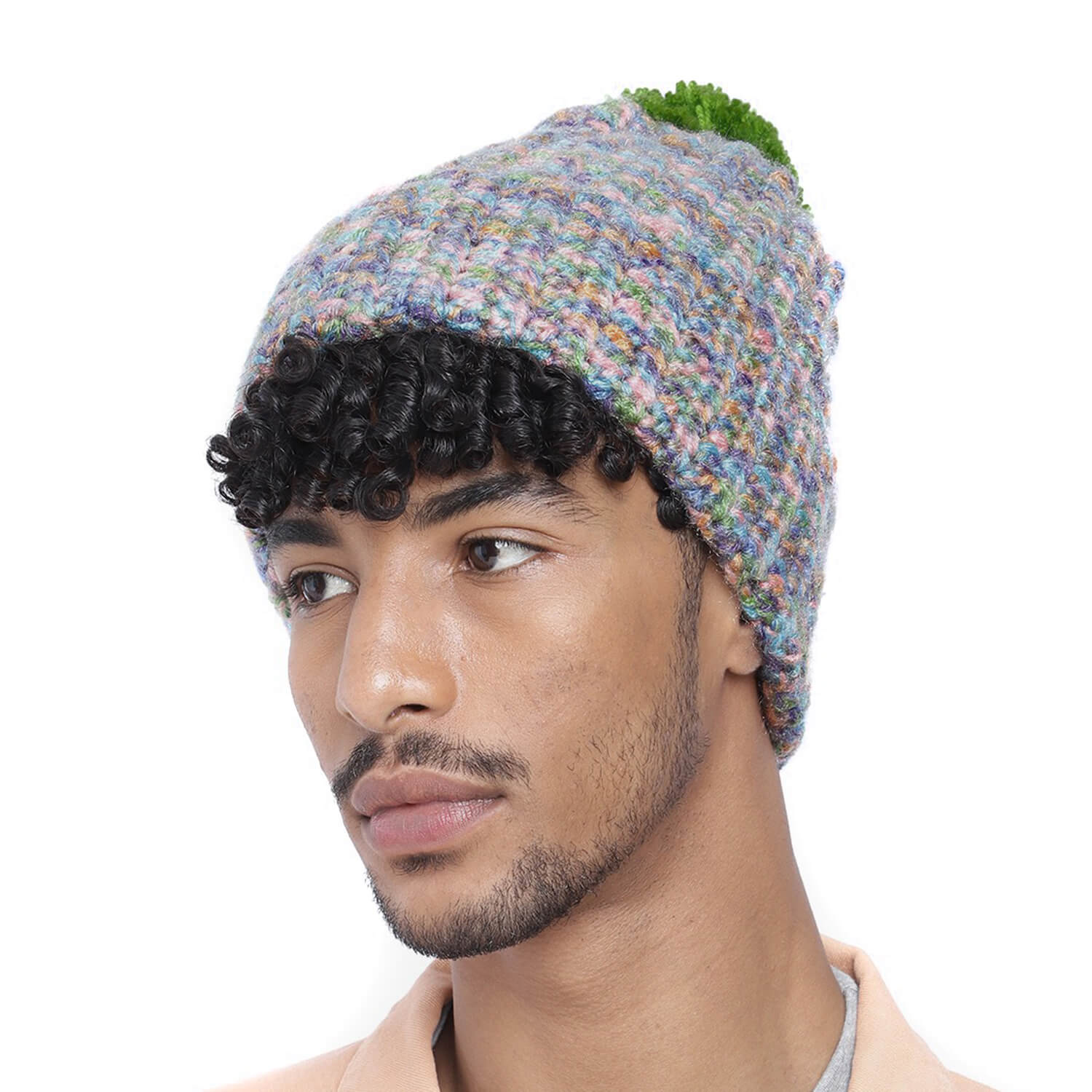 Multi-Color Fold Cap with Pompom - 2893