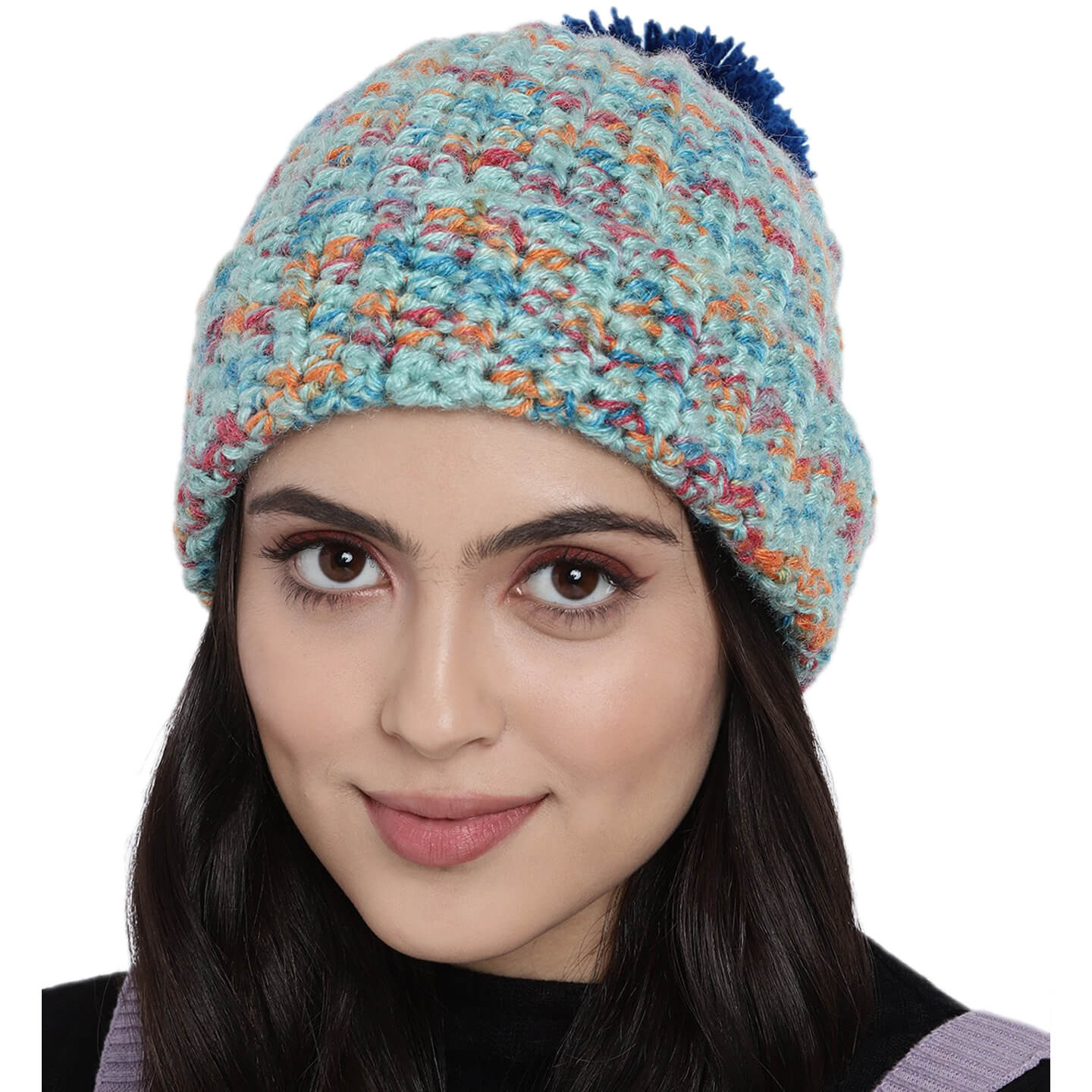 Multi-Color Fold Cap with Pompom - 2897