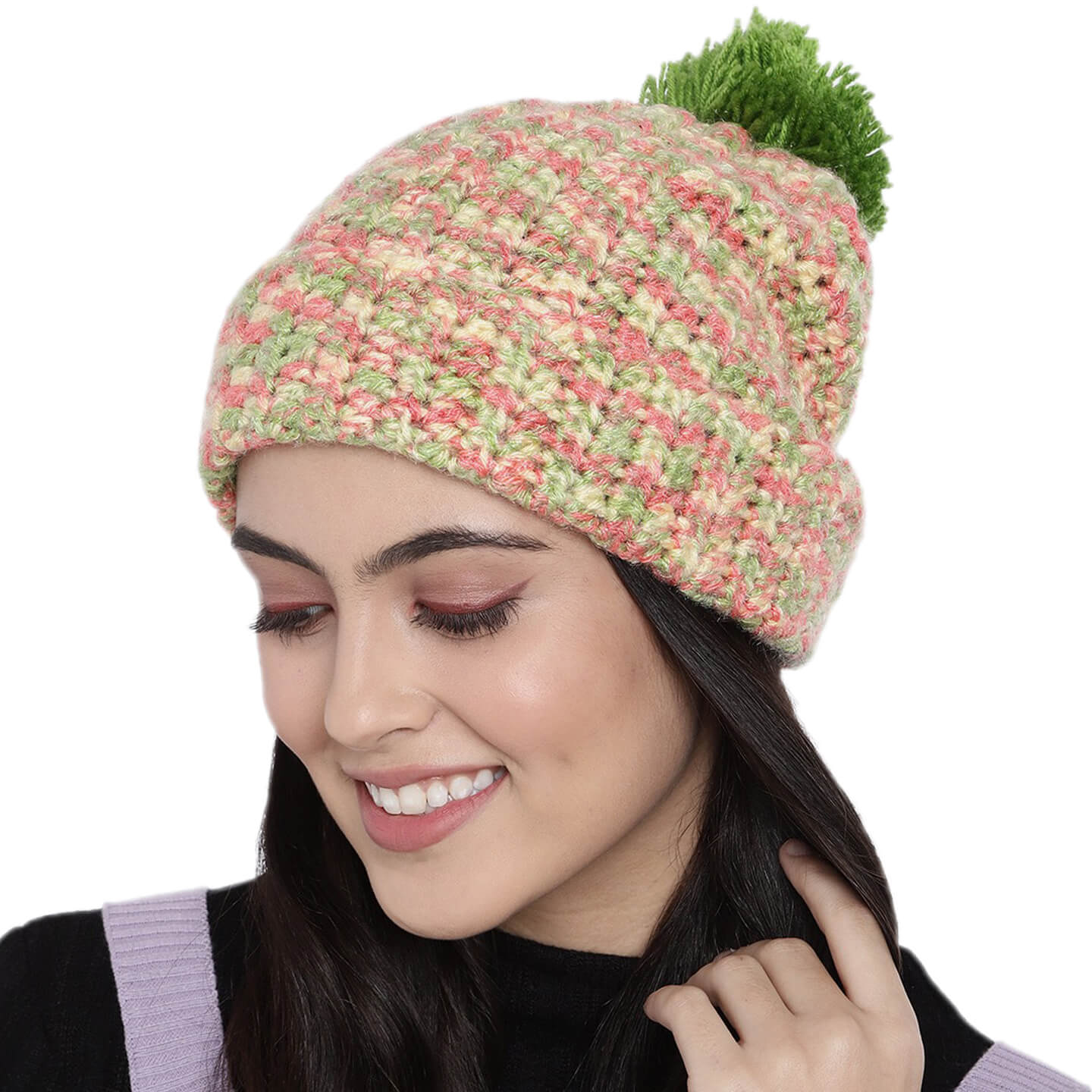 Multi-Color Fold Cap with Pompom - 2898